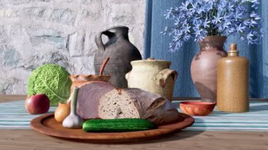 Açık hava pikniğinde ahşap masadaki et, ekmek, sebze ve toprak eşyalar gibi çeşitli taze yiyeceklerle yakın kırsal yaşam. Basit sağlıklı beslenme konsepti. 4K 'da yapılmış 3B animasyon.