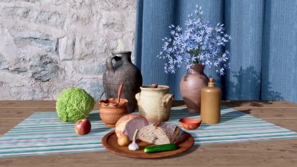 外の農村はまだ新鮮な健康的な自然食品と生活 様々な野菜や木製のテーブルの上に陶器 4Kで人のリアルな3Dアニメーションがレンダリングされない — ストック動画