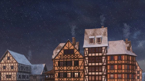 Yarı Keresteli Avrupa Evleri Olan Kış Geceleri Kar Yağarken Baca — Stok fotoğraf
