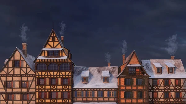 Уютный Средневековый Город Традиционными Полудеревянными Европейскими Домами Дымящимися Трубами Спокойную — стоковое фото