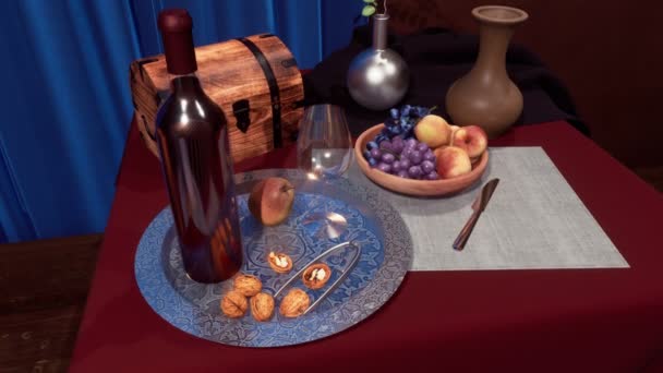 Luxury Gourmet Set Still Life Ripe Grape Fruits Nuts Bottle — Stock Video
