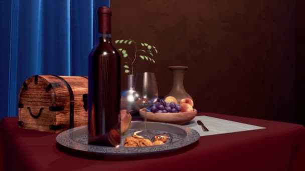 Vista Cerca Bodegón Vintage Con Uva Frutas Nueces Botella Vino — Vídeos de Stock