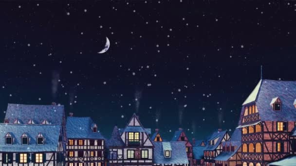 在寒冷的冬夜 安详的古城 有传统半木结构的欧洲房子 屋顶上有吸烟的烟囱 夜空下有半月形的月亮 用4K渲染的梦幻3D动画 — 图库视频影像