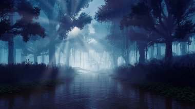 Mysterious woodland landscape with overgrown calm river among old creepy tree silhouettes in dark misty forest at dusk or night. With no people fantasy 3D illustration from my own 3D rendering.