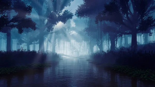 Mysterious Woodland Landscape Overgrown Calm River Old Creepy Tree Silhouettes — Foto Stock