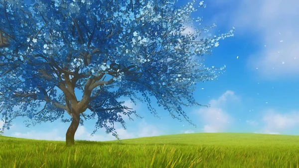 Paisagem Primavera Fantasia Com Sakura Azul Surreal Cerejeira Plena Floração — Fotografia de Stock