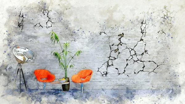 Akvarellskiss Modernt Minimalistiskt Loft Kreativ Studio Eller Verkstadsinteriör Med Orange — Stockfoto