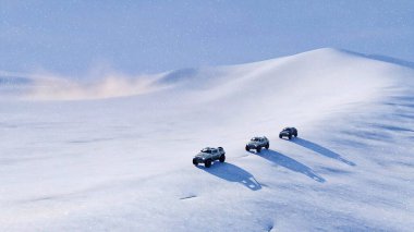 4x4 off-road araçlarından oluşan bir grup kar yamacında kar yağışı ve kar fırtınasında sürüklenen Kuzey Kutbu çöl manzarası arasında yol alıyorlar. Kış sahnesi 3 boyutlu görüntüleme dosyamdan.