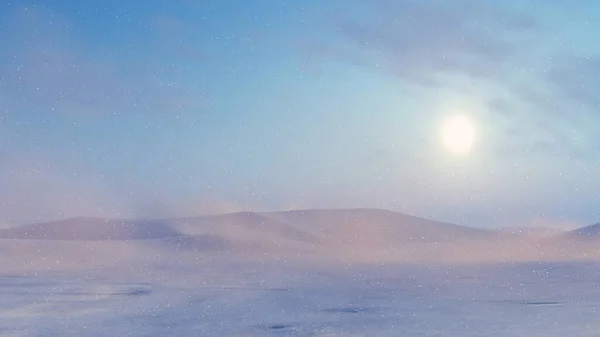 Crepúsculo Pôr Sol Terra Nevada Deserto Ártico Nevasca Pesada Tempestade — Fotografia de Stock