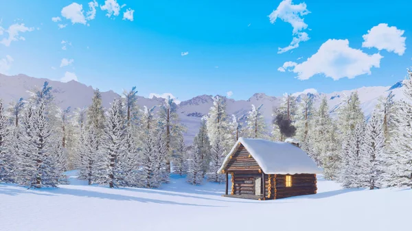 Samotny Przytulny Domek Kominem Dla Palących Wśród Pokrytych Śniegiem Lasów — Zdjęcie stockowe