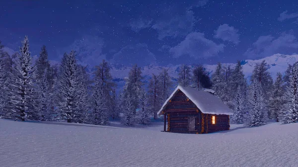 Одиночний Снігопад Димовим Димоходом Освітленим Вікном Серед Ялинових Лісів Високо — стокове фото