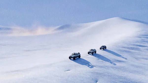 Grupo Veículos Road 4X4 Suv Dirigindo Encosta Neve Entre Paisagem — Fotografia de Stock
