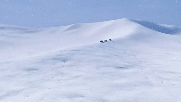 冬季景观 由四轮驱动的越野车组成 在大雪和暴风雪的恶劣天气下驾驶着四轮驱动的越野车穿过雪地的北极沙漠 3D图像来自我的3D渲染文件 — 图库照片