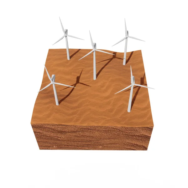 Umweltfreundliche Windkraftanlagen Auf Einem Querschnitt Aus Abstraktem Wüstenboden Mit Sanddünen — Stockfoto