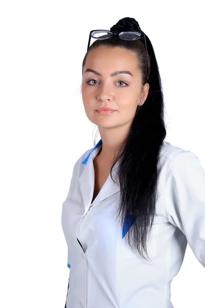 Portret seksowny piękne kobiece lekarz brunetka w białej — Zdjęcie stockowe