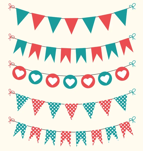 Conjunto retro bunting rojo y verde para álbum de recortes con corazones y lunares — Vector de stock