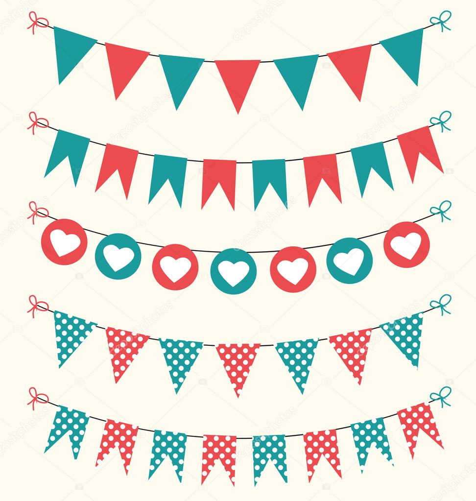 Retro bunting set red and green for scrapbook with hearts and polka dots