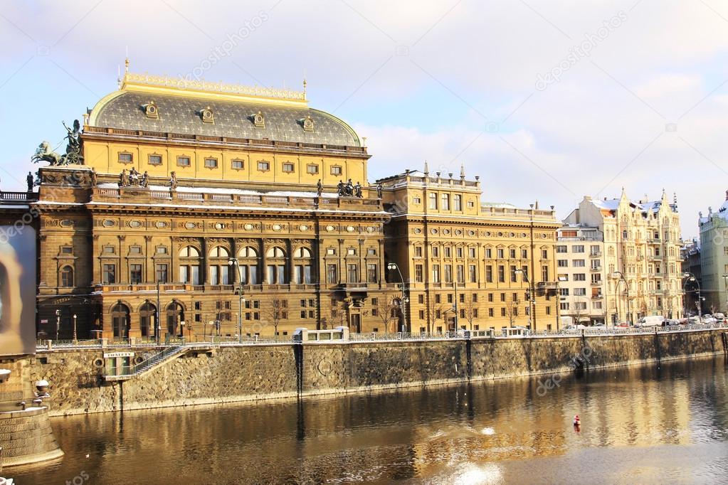 Snowy Prague national Theatre in the sunny Day, Czech Republic