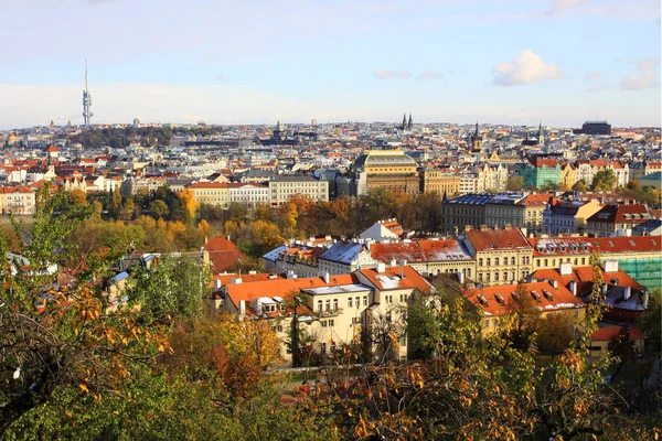 stock image Autumn snowy Prague City with gothic Castle