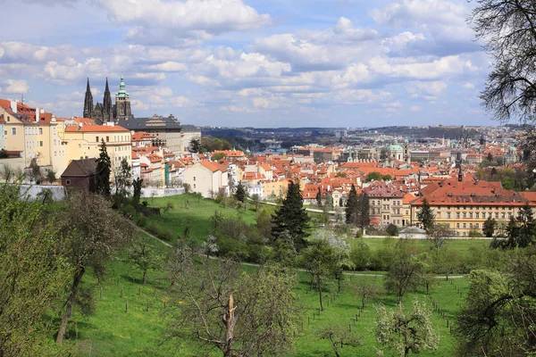 Pohled na jaře Praze gotický hrad s zelené přírody a kvetoucích stromů, Česká republika — Stock fotografie