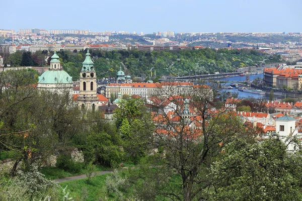 Blick auf die frühlingshafte Prager Nikolaikathedrale mit grüner Natur und blühenden Bäumen, Tschechische Republik — Stockfoto