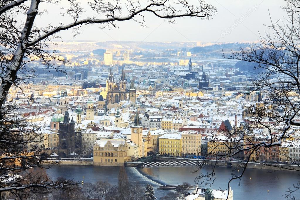 Romantic View on the snowy Prague City in the sunny Day,Czech Republic
