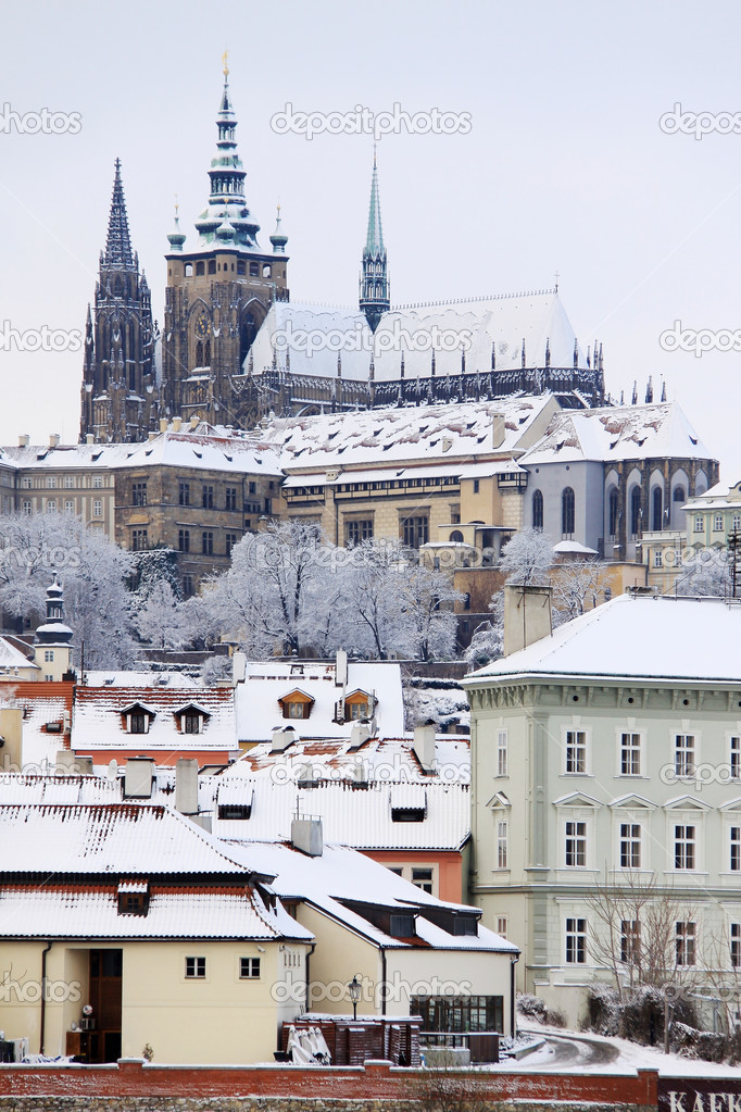 Romantic snowy Prague gothic Castle, Czech republic