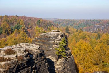 Kuzey Bohemya 'daki kumtaşı dağlarında güzel sonbahar manzarası, Tisa Kayaları, Çek Cumhuriyeti