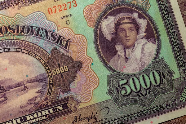 Detail Der Tschechoslowakischen 5000 Kronen Banknote Von 1920 Republik — Stockfoto