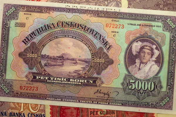 Detail Czechoslovak 5000 Crowns Banknote 1920 1St Republic — Foto Stock