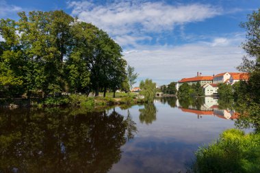 Sunny royal medieval Town Pisek above the River Otava, Czech Republic 