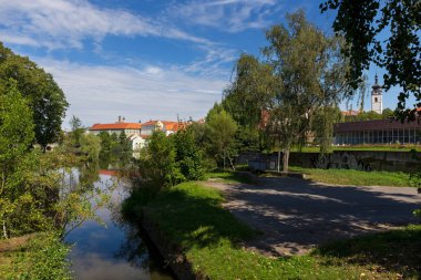 Sunny royal medieval Town Pisek above the River Otava, Czech Republic 