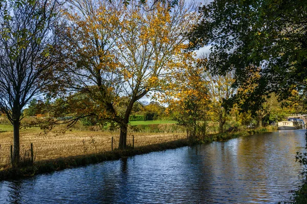 Trees Lining Canal Autumn Yellow Green Leaves Reflecting Rippled Water — Stock Photo, Image