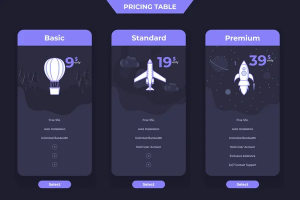 Plan Pricing Table Template Design Dark Theme Illustration — Stock Vector