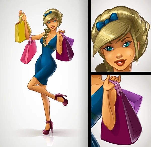 Young, beautiful blondy girl with shopping bags. Happy and smiling. — Stock Vector