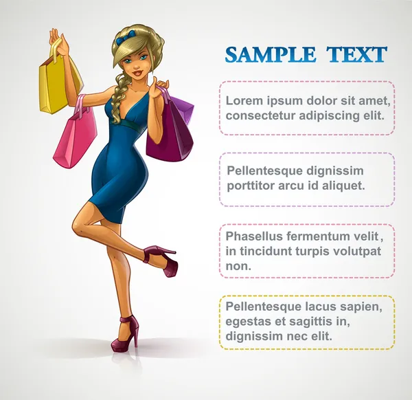 Rubia joven hermosa chica de compras con bolsas de regalo ang. Mujer feliz y sonriente. Infografías vector clipart . — Archivo Imágenes Vectoriales