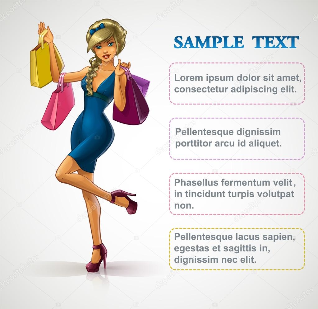 Blonde young beautiful shopping girl with bags ang gift. Happy and smiling woman. Infographics vector clipart.