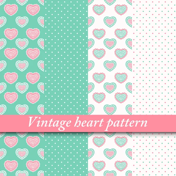 4 vintage heart seamless patterns, tiling. Endless universal vector texture can be used for wallpaper, pattern fills, web page background, texture, wrapping paper. Monochrome geometric ornaments — Stock Vector