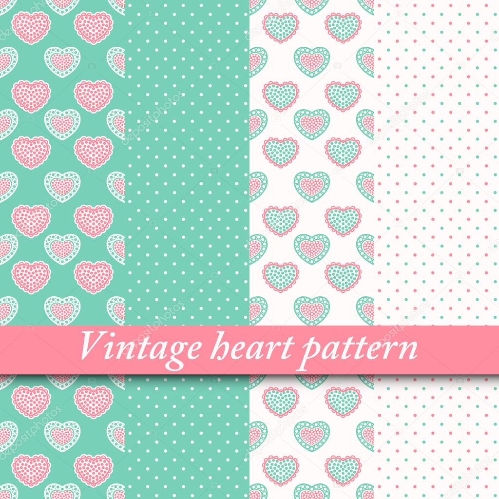 4 vintage heart seamless patterns, tiling. Endless universal vector texture can be used for wallpaper, pattern fills, web page background, texture, wrapping paper. Monochrome geometric ornaments