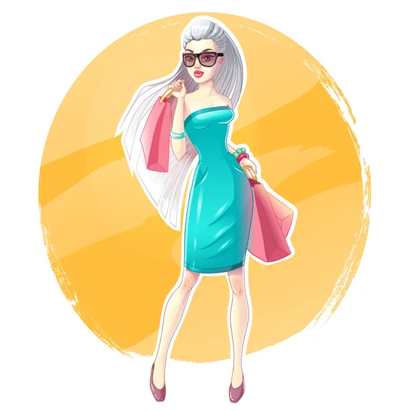 Beautiful blonde girl with shopping bags and gifts. Happy and smiling woman. Shopaholic — Stock Vector