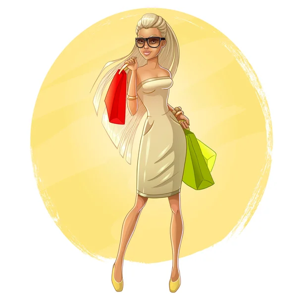 Beautiful blonde girl with shopping bags and gifts. Happy and smiling woman. Shopaholic — Stock Vector