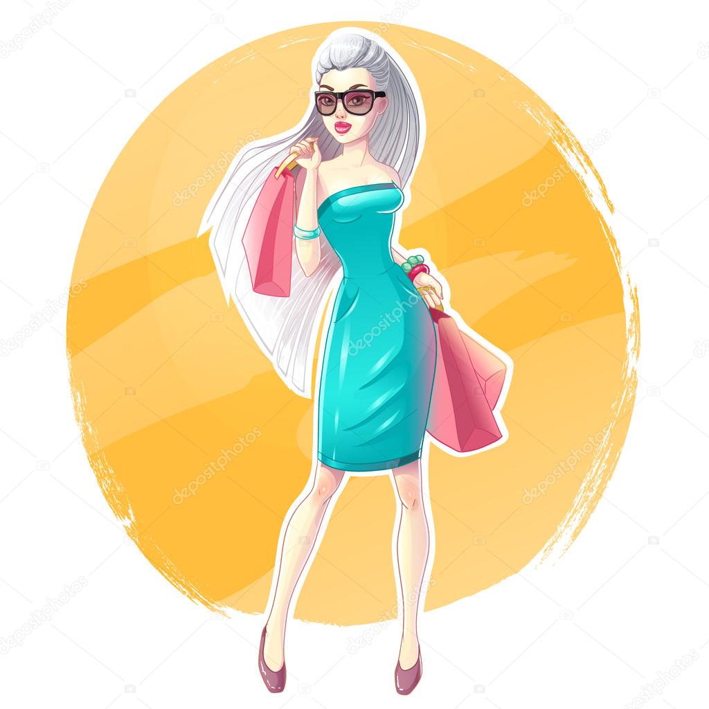 Beautiful blonde girl with shopping bags and gifts. Happy and smiling woman. Shopaholic