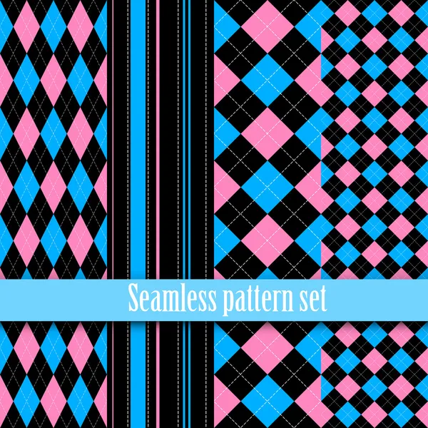 Black and white seamless texture with pink, blue. Fashion, bright, diagonal lines, checkered. Girls Monster party, gothic party, halloween.Swatches global colors. Vector Graphics