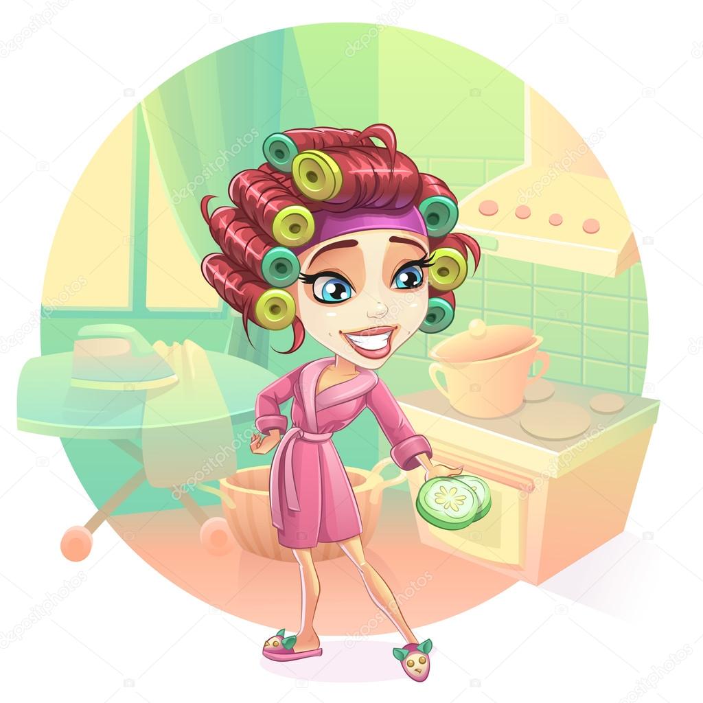 Happy woman housewife preparing breakfast, lunch, dinner, dressed in a pink gown. Skin care, facial mask, cucumber curlers