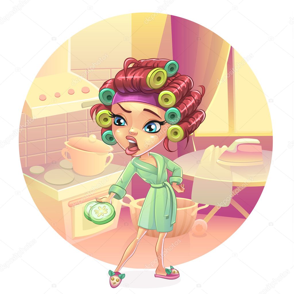 Angry woman housewife preparing breakfast, lunch, dinner, dressed in a pink gown. Skin care, facial mask, cucumber curlers