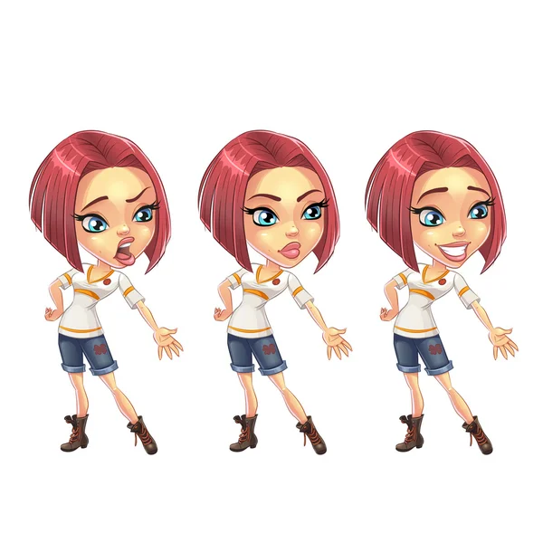 Angry, smiling, happy reaction moods cartoon girl character. Изолированный на белом фоне — стоковый вектор