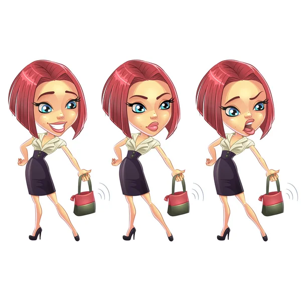 Angry, smiling, happy reaction moods cartoon girl woman character.  Isolated on white set — Stock Vector