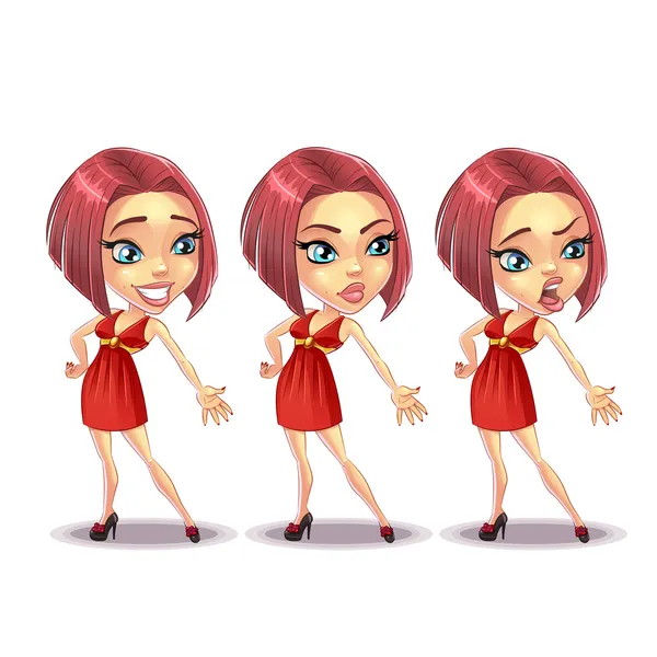 kızgın, gülümseyen, mutlu bir tepki Mood kız kadın karakter karikatür. Beyaz sette izole