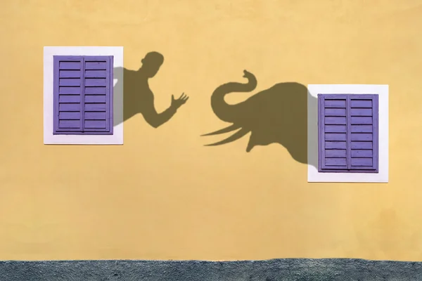 Duvar, adam ve fil üzerinde gölgeler — Stok fotoğraf