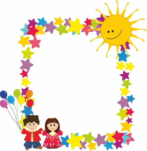 Декоративные Дети Рамка Банер Звездами Солнцем — стоковый вектор